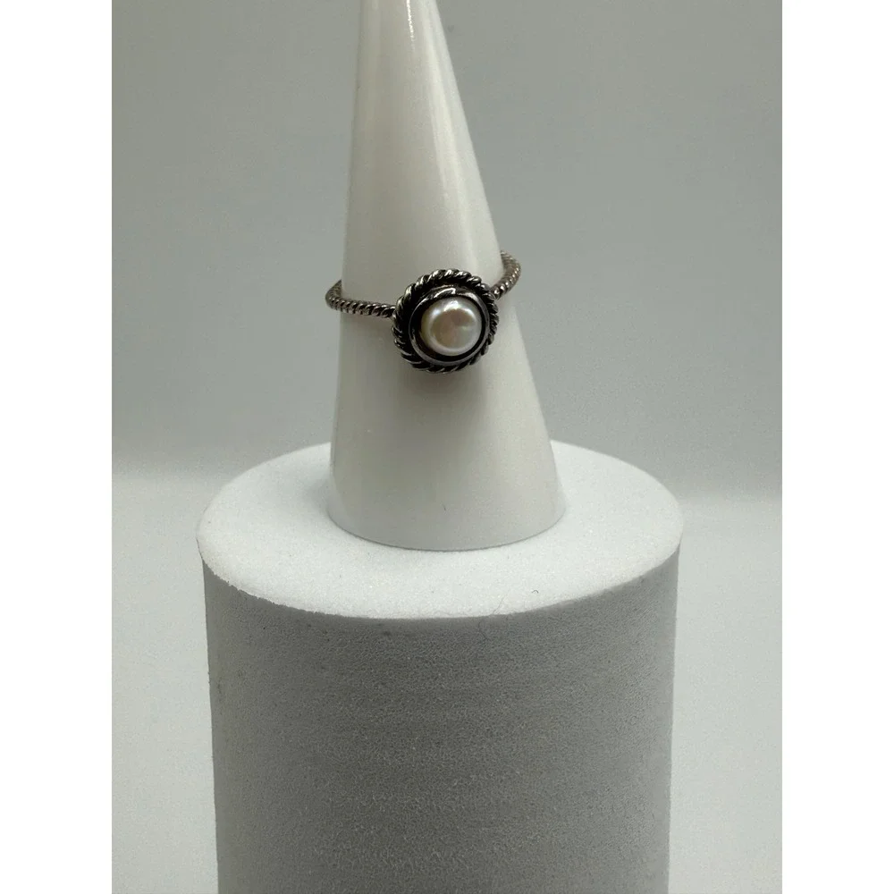 Silver Tone Rope Twist Cultured‎ Pearl Solitaire Ring Size 7.25